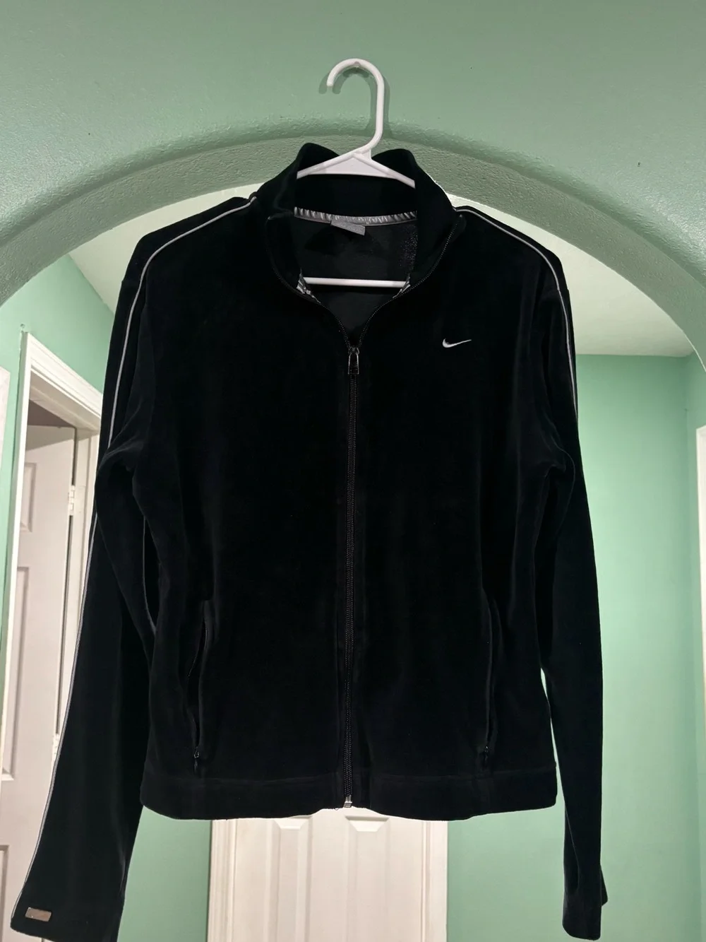 Nike Black Velour Full-Zip Track Jacket with White Piping